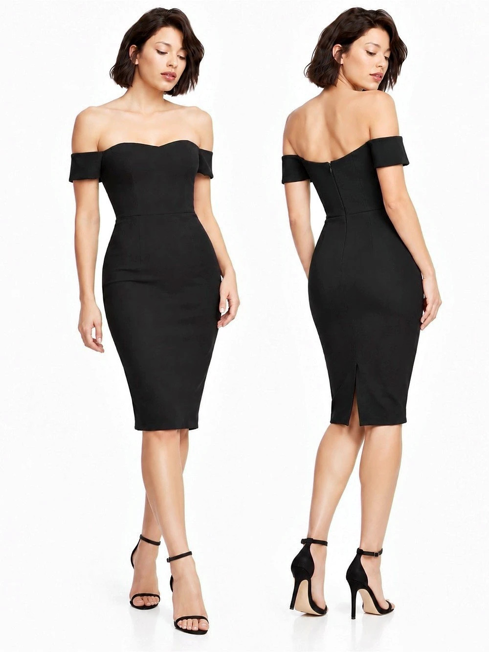 NWT Dress the Population Bailey Black Off Shoulder Bodycon Midi Dress S